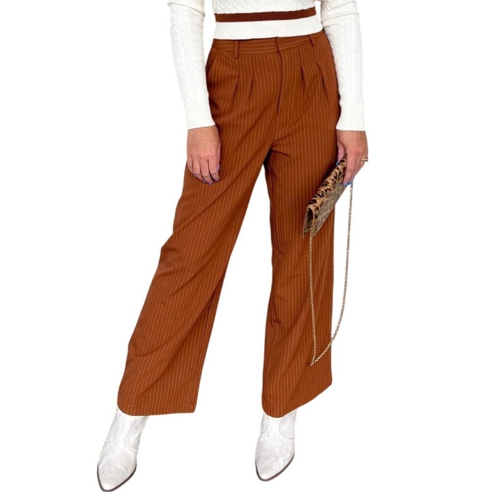 Sage the Label Established Pleated Wide Leg Trouser Women's S Rust Pinstripes